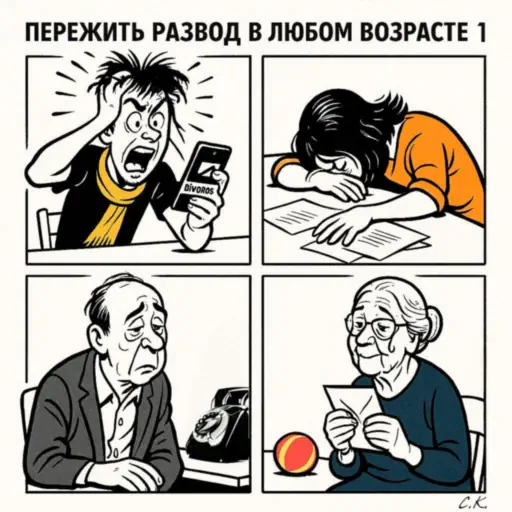 Как пережить развод в любом возрасте шаг за шагом – карикатура-мем, часть 1