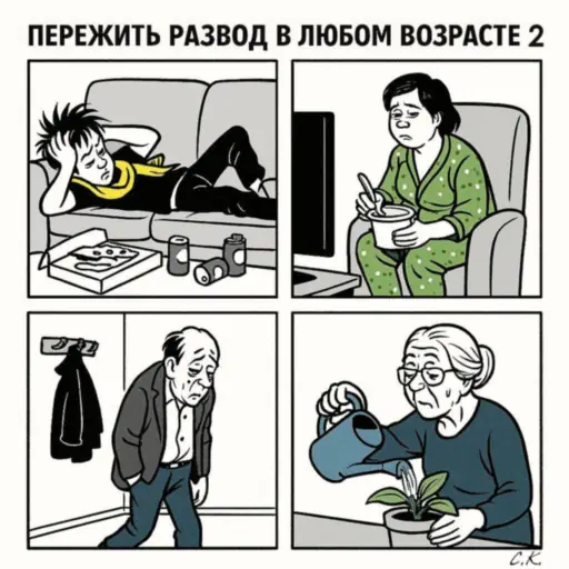 Как пережить развод в любом возрасте шаг за шагом – карикатура-мем, часть 2